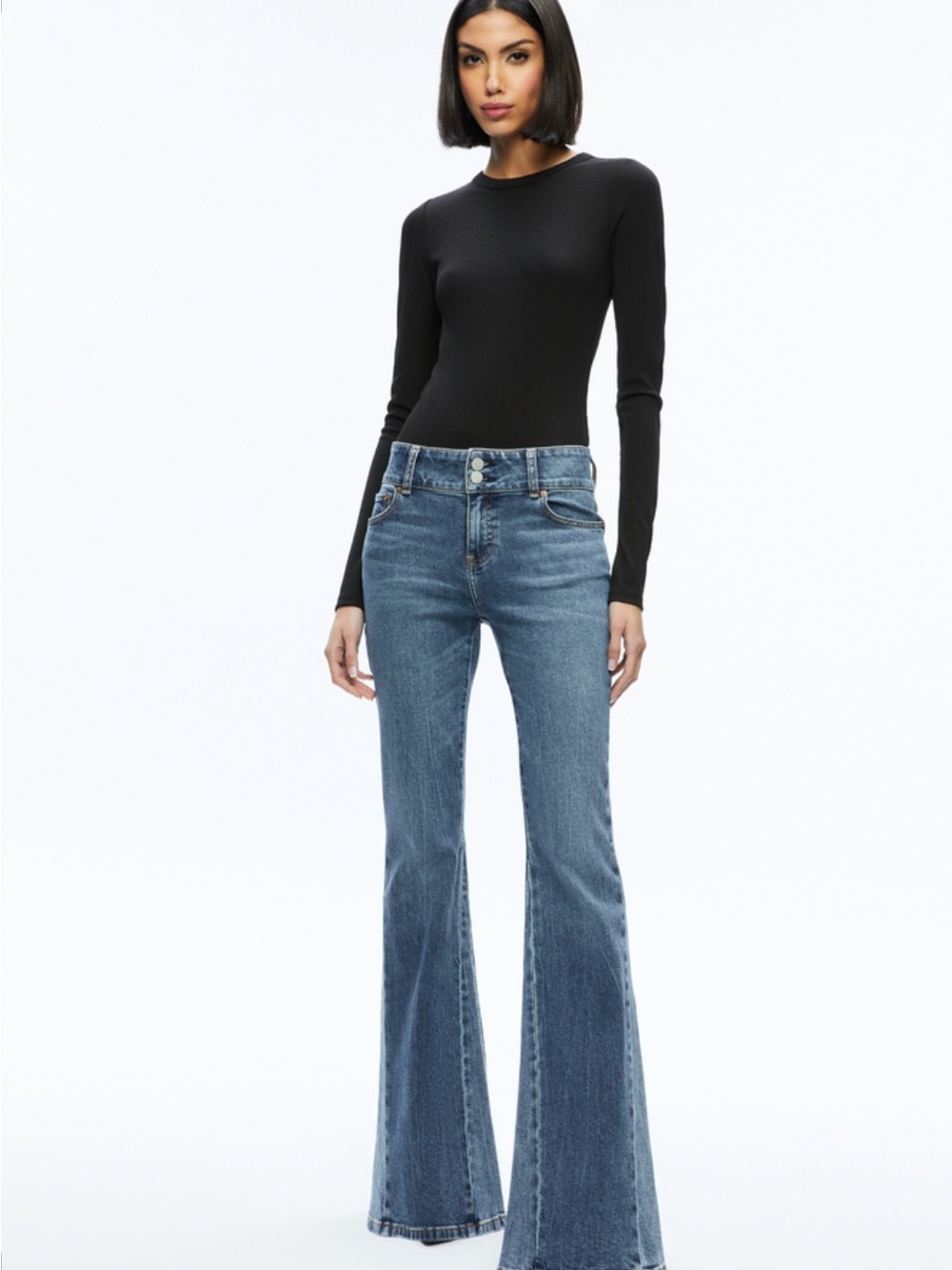 Alice and Olivia Stacy Godets Low Rise Flare Leg Jeans in True Blues Dark